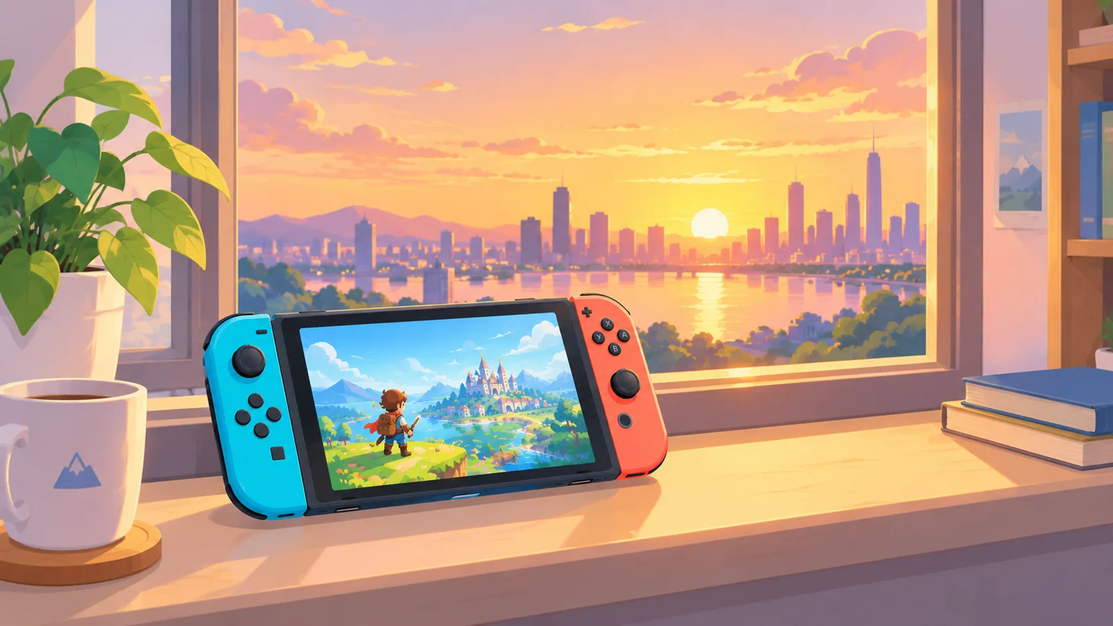 Handheld op een vensterbank bij zonsondergang