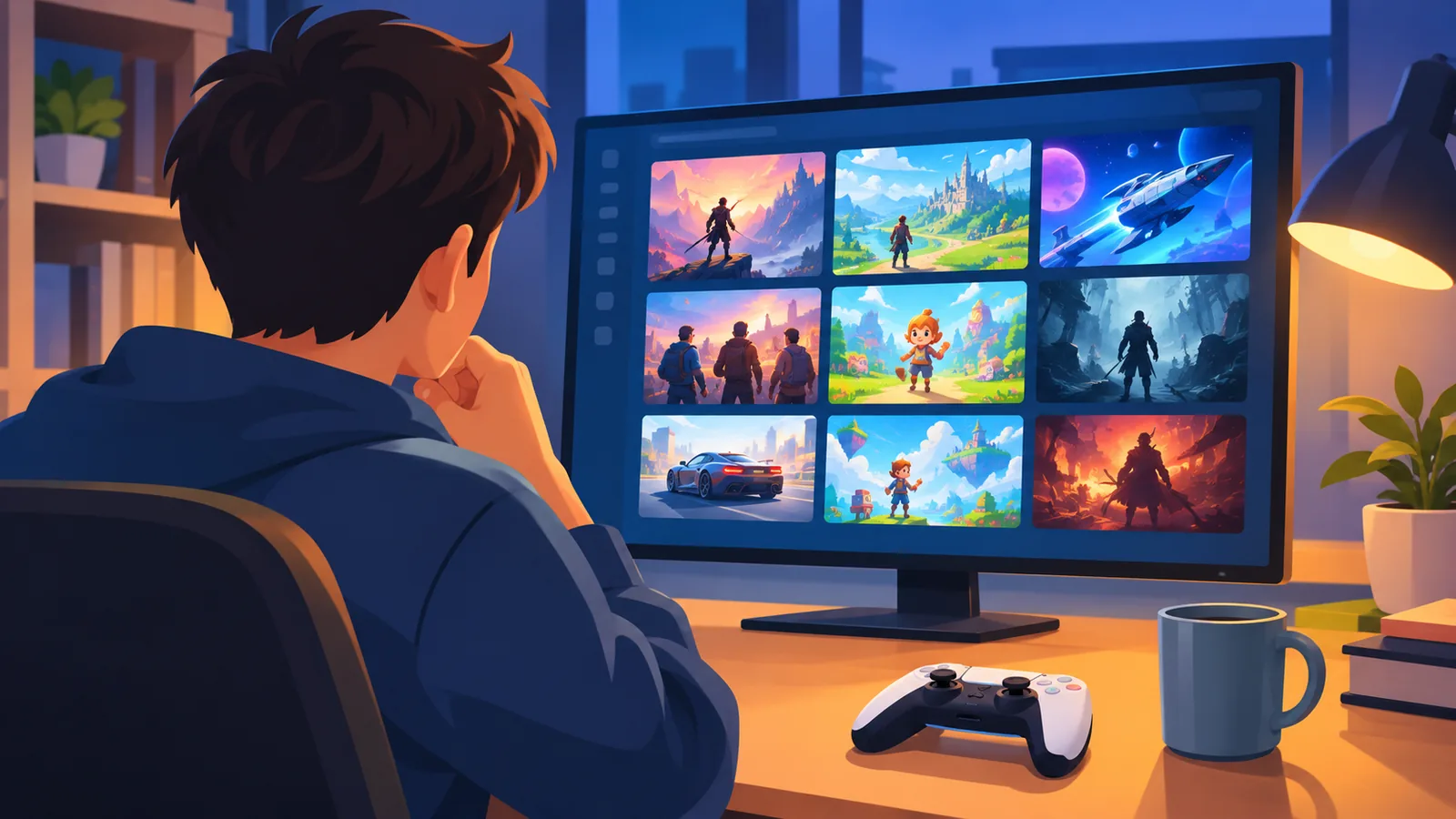 Speler kijkt naar een Steam-spelbibliotheek op een monitor