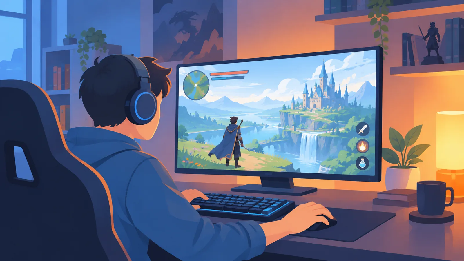 Gamer speelt een uitgebreid singleplayer rollenspel