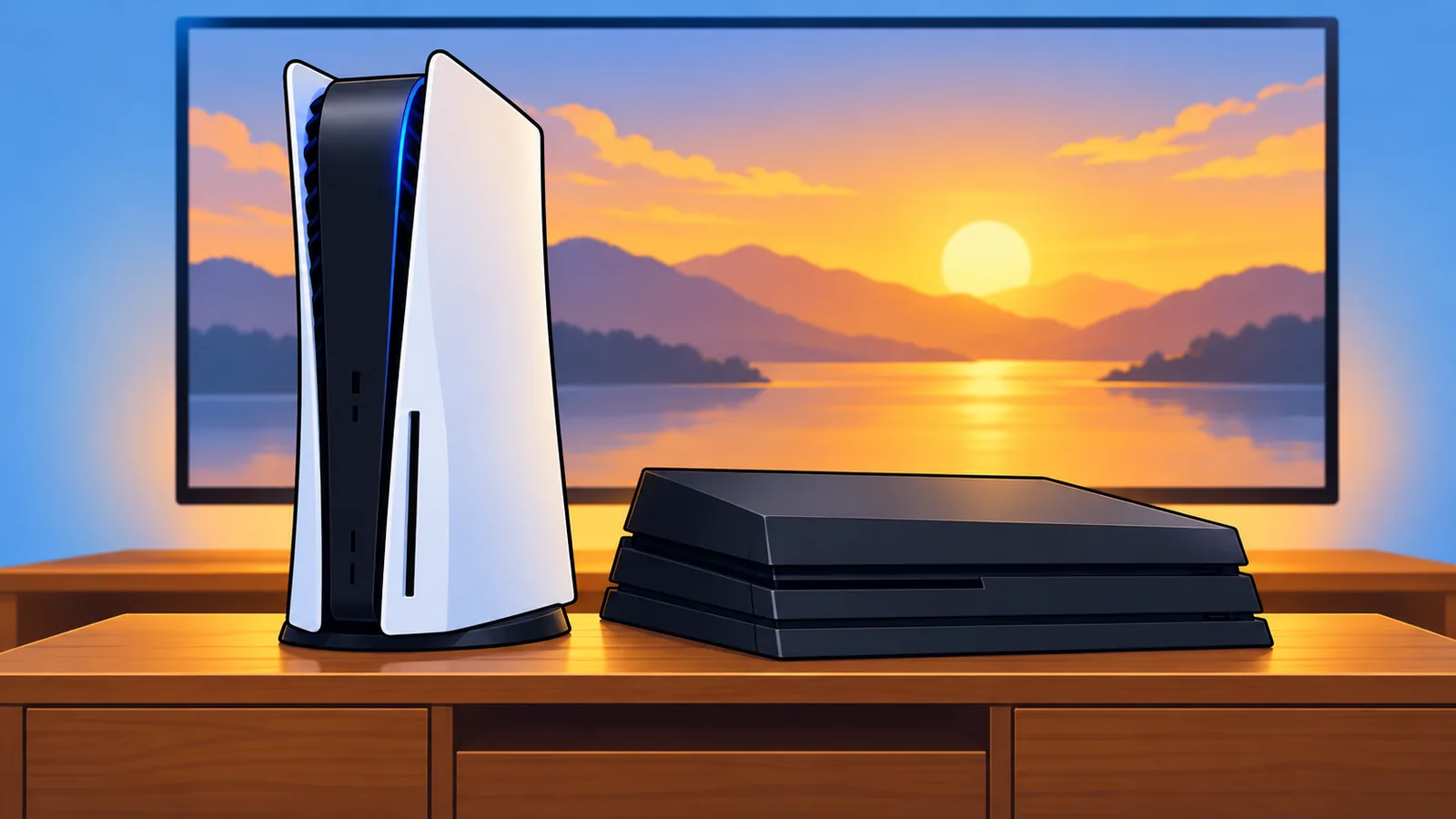 PS5 en PS4 naast elkaar op een tv-meubel in de woonkamer