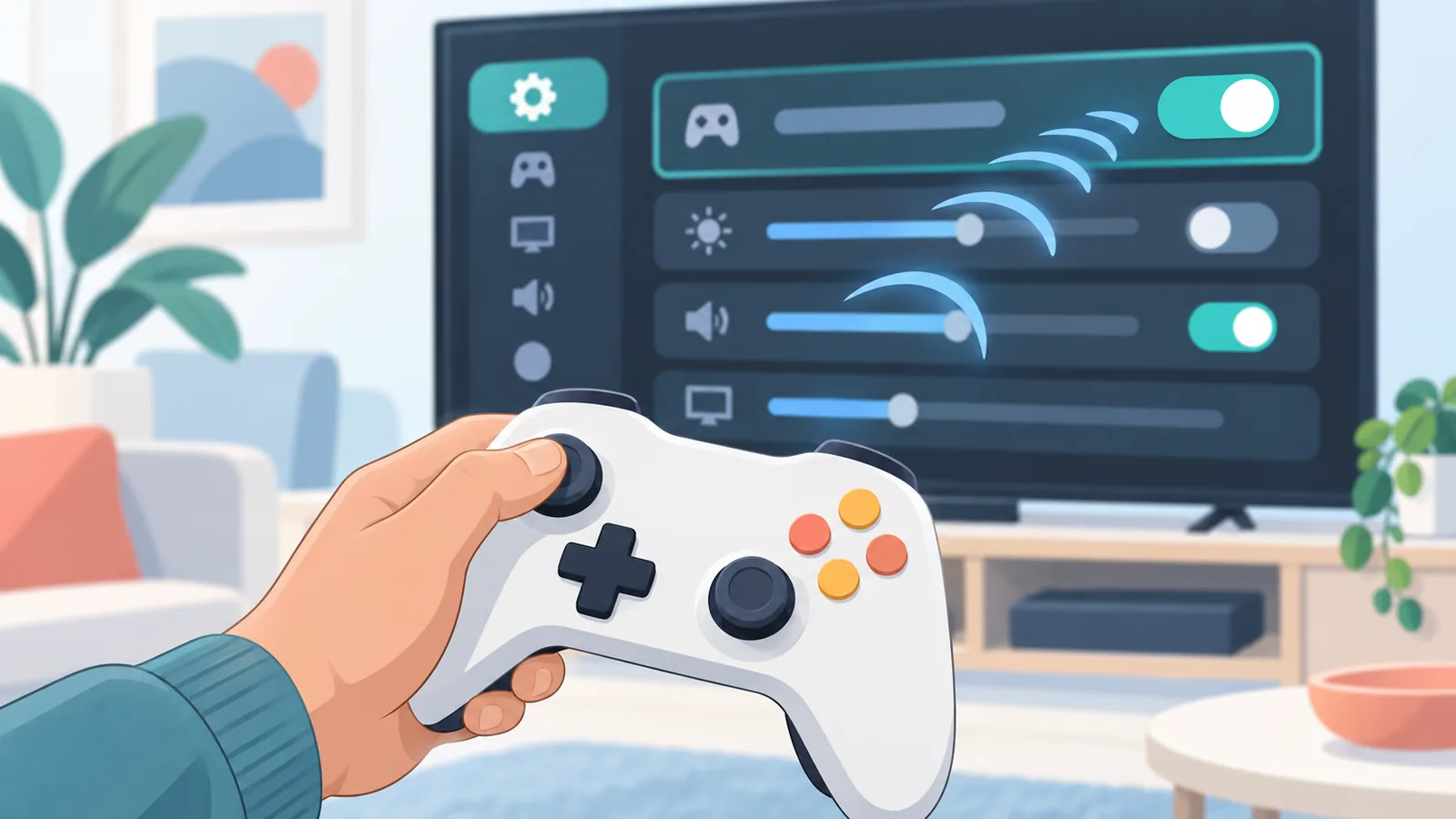 Hand met controller bij een instellingenmenu op de tv