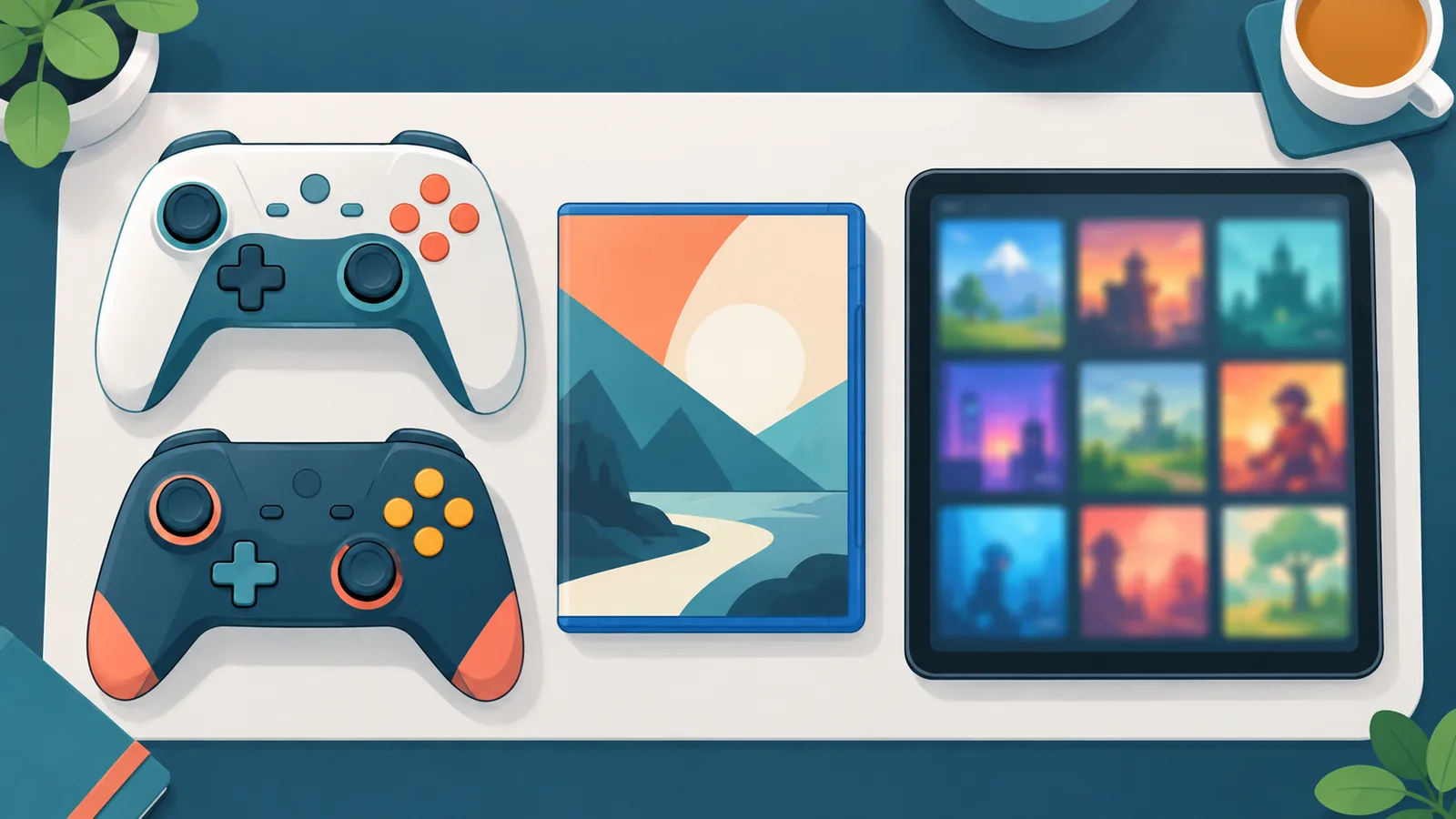 Controllers en een tablet met games op een donker bureau
