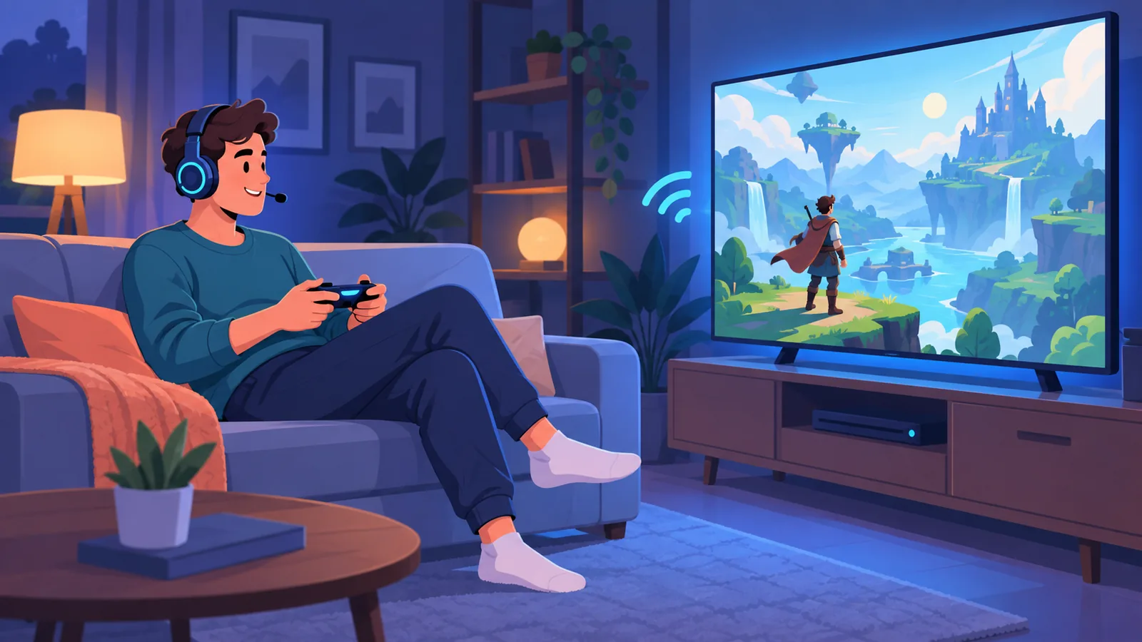 Gamer met headset die online speelt op de bank