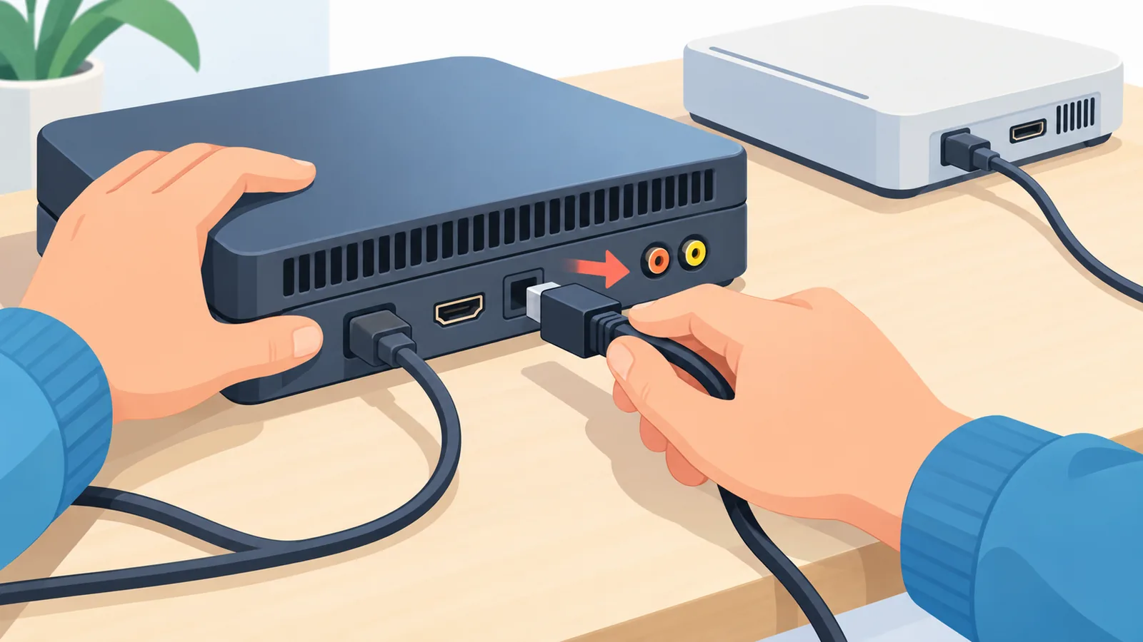 Handen die kabels uit een spelcomputer halen bij een overstap