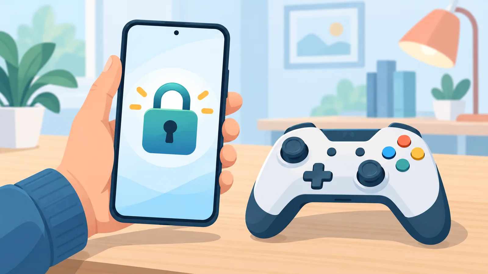 Smartphone met slotje naast een controller als symbool voor accountveiligheid