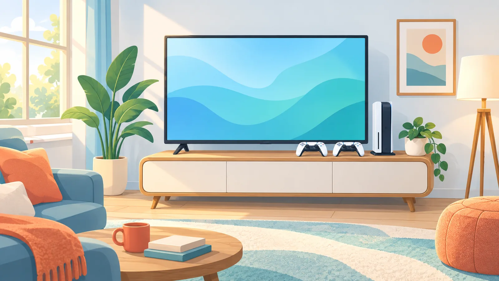 Gezellige gamehoek thuis met tv, console en twee controllers