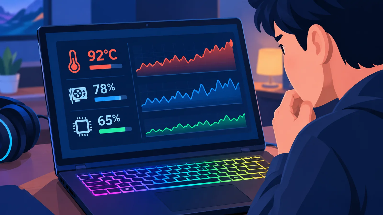 Gamelaptop met monitoringtool die temperatuur en belasting toont