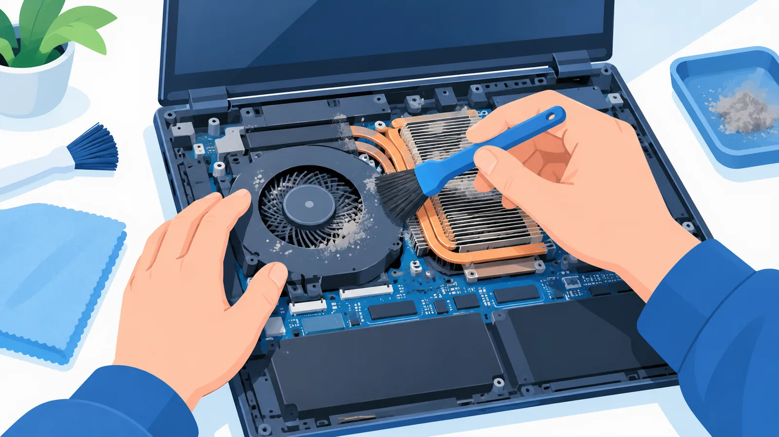 Stoffige ventilator in een geopende gamelaptop wordt schoongemaakt