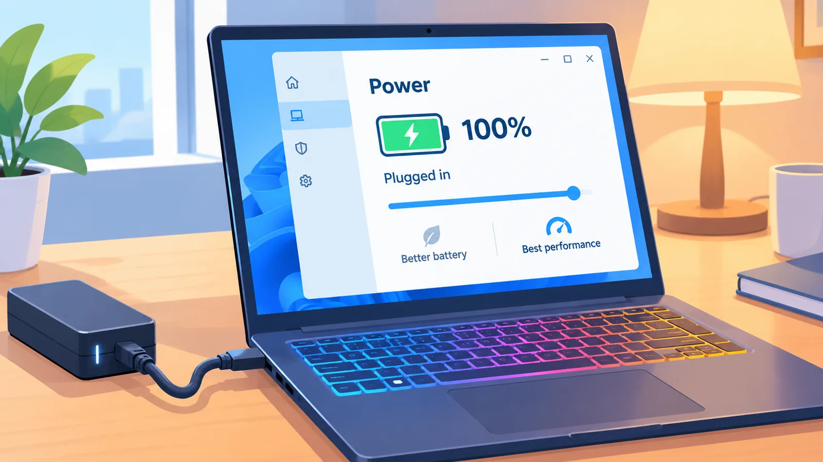 Gamelaptop aan de lader met energie-instellingen in beeld