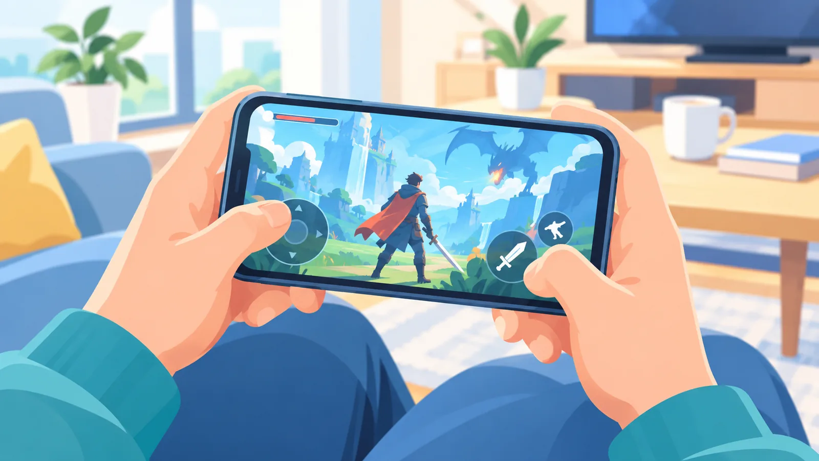 iPhone in landschapsstand met een gestreamde game