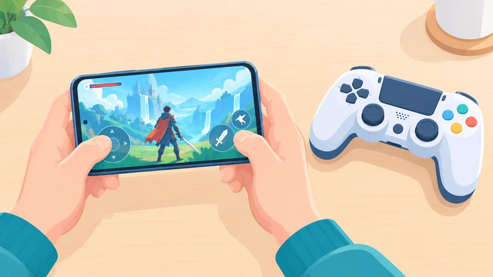 Smartphone met een raster van gamecovers