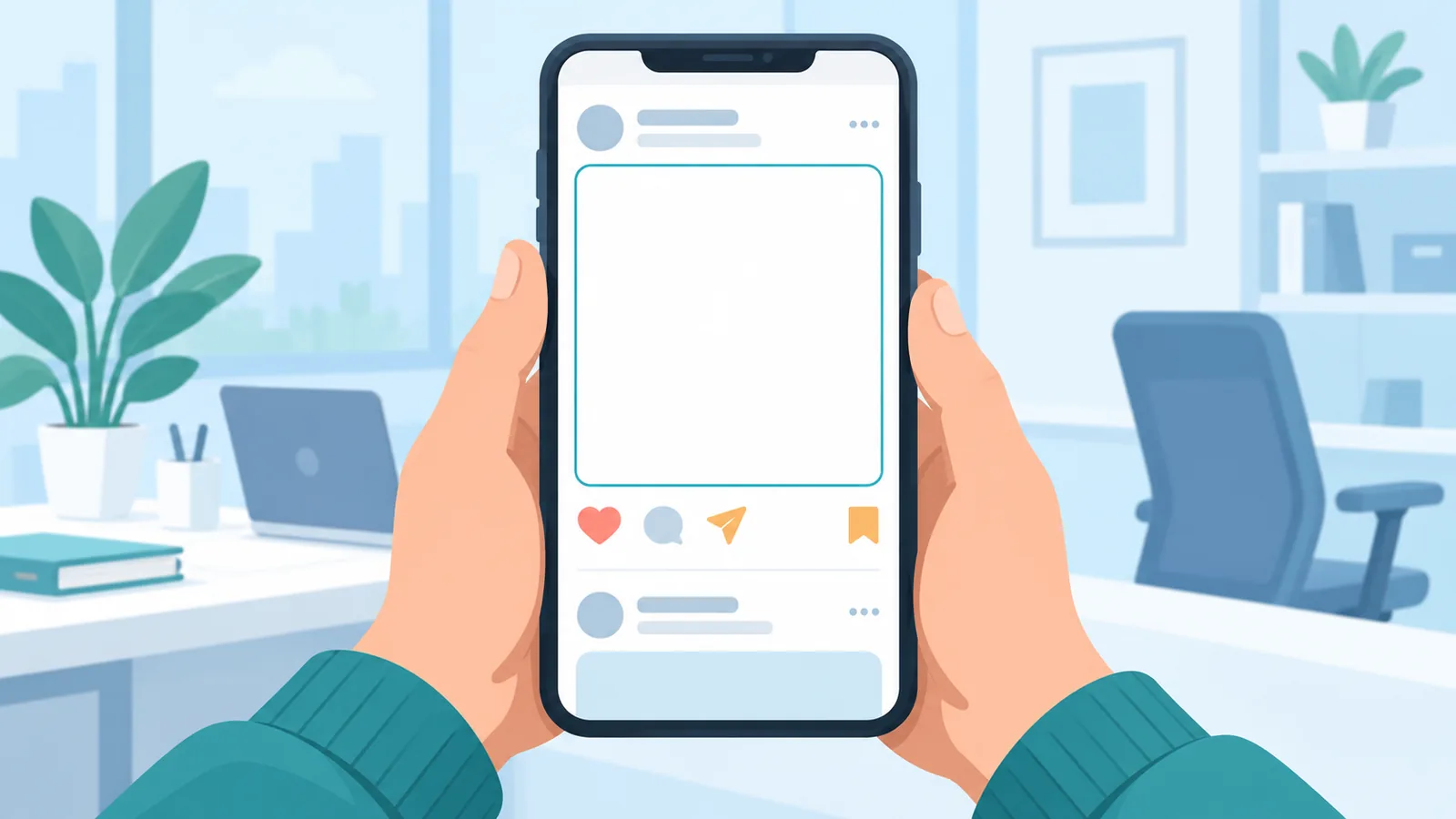 Smartphone met een sociale-mediafeed en lege poster