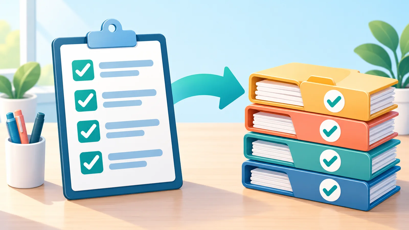 Checklist met afgevinkte punten naast een stapel verwerkte claims