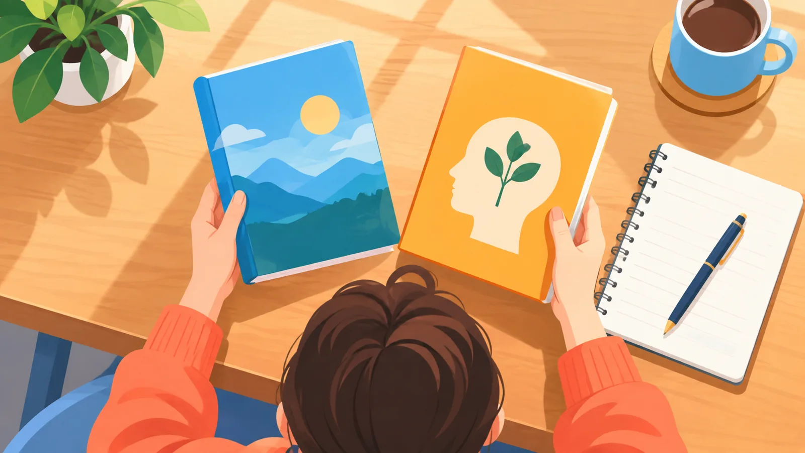 Persoon vergelijkt twee boeken aan een houten bureau met notitieblok