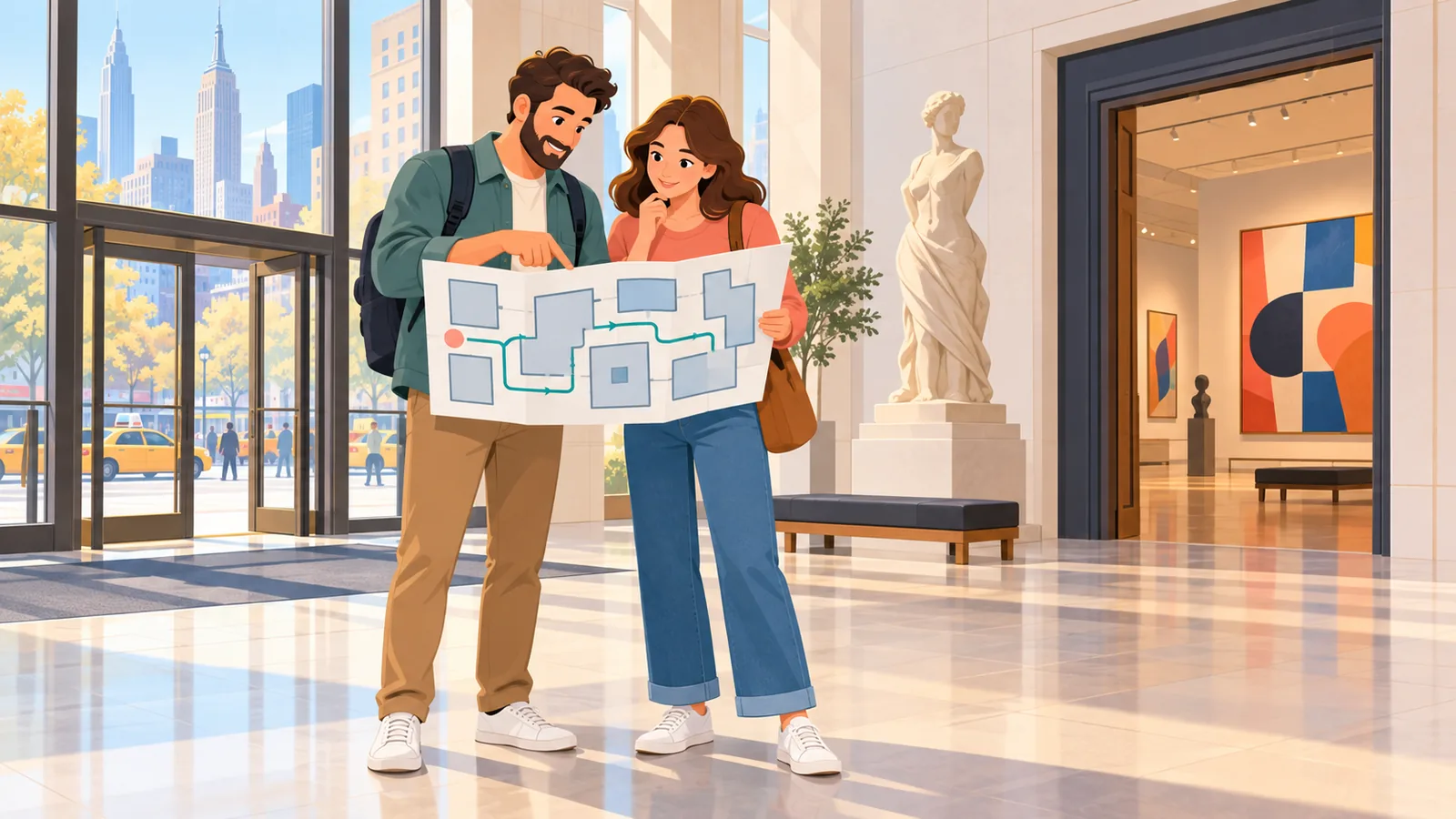 Twee bezoekers kiezen een museum aan de hand van een plattegrond