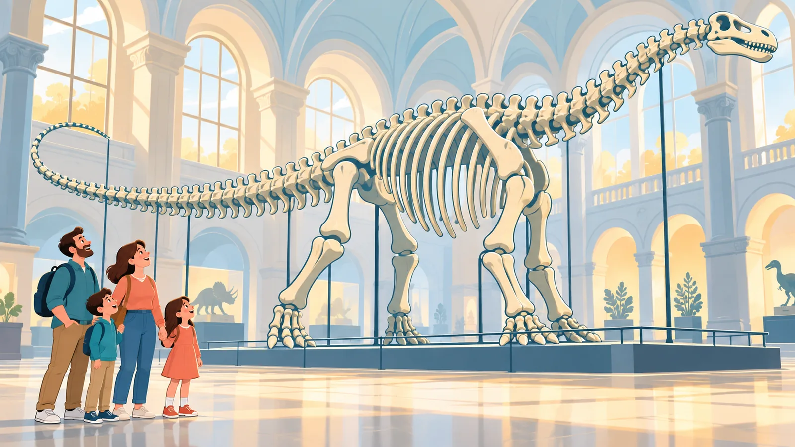 Gezin bij een dinosaurusskelet in een natuurhistorisch museum