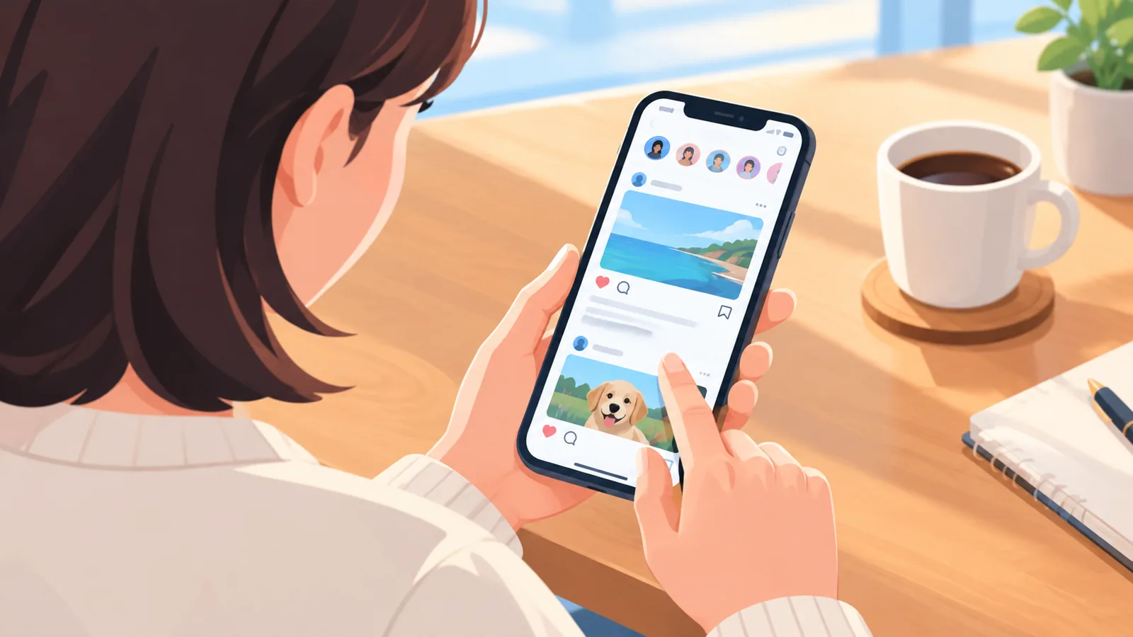 Persoon die aan een bureau door een social-media-app op een smartphone scrolt