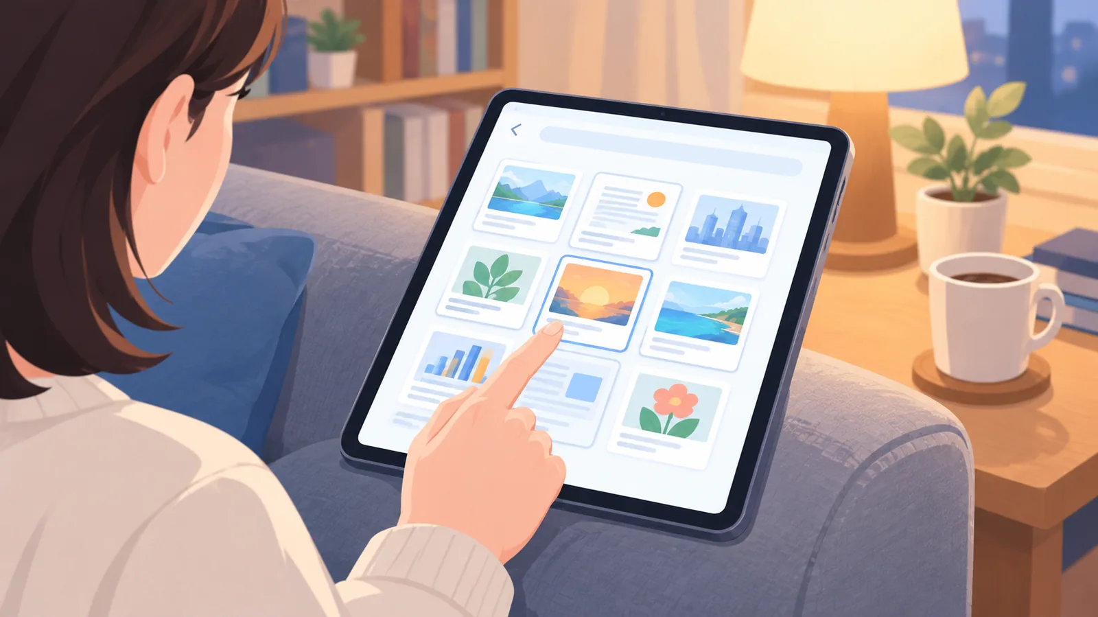 Tablet met een raster van pagina’s en een hand die er een aantikt