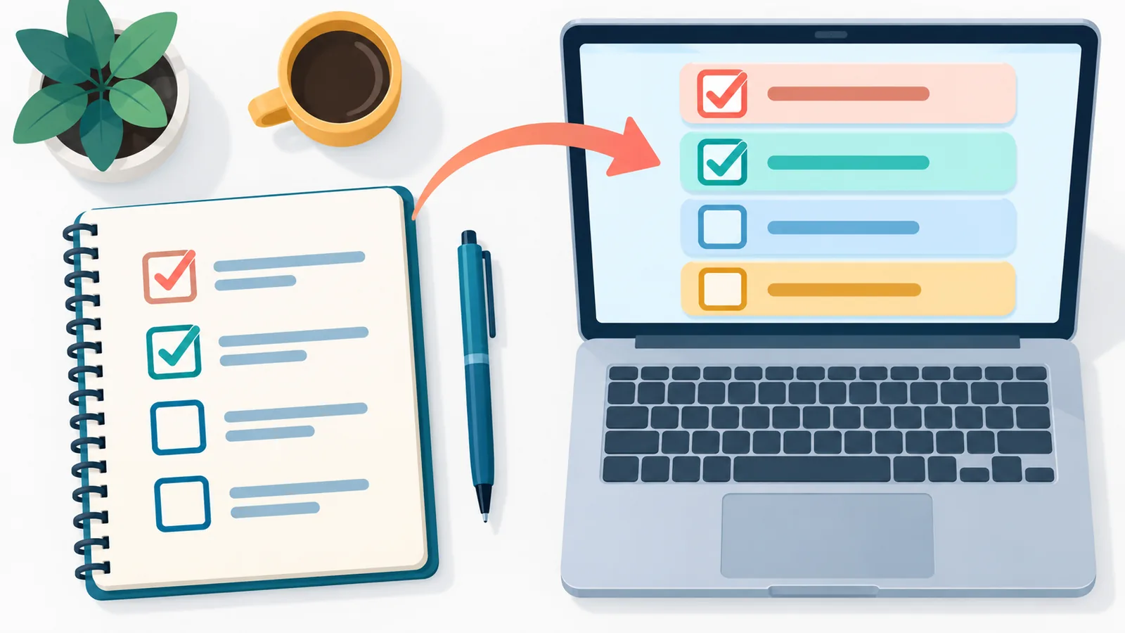Laptop en notitieboek met een checklist op een bureau