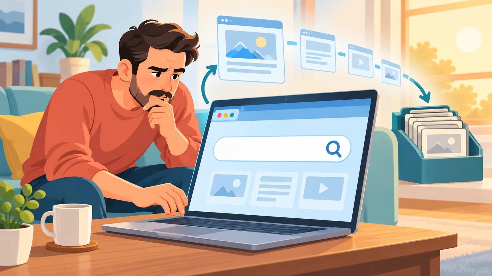 Man zoekt een oude webpagina op zijn laptop