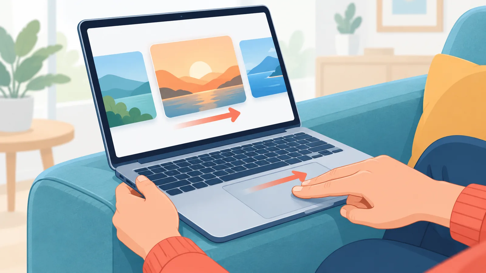 Handen vegen over een trackpad om terug te gaan naar een vorige pagina