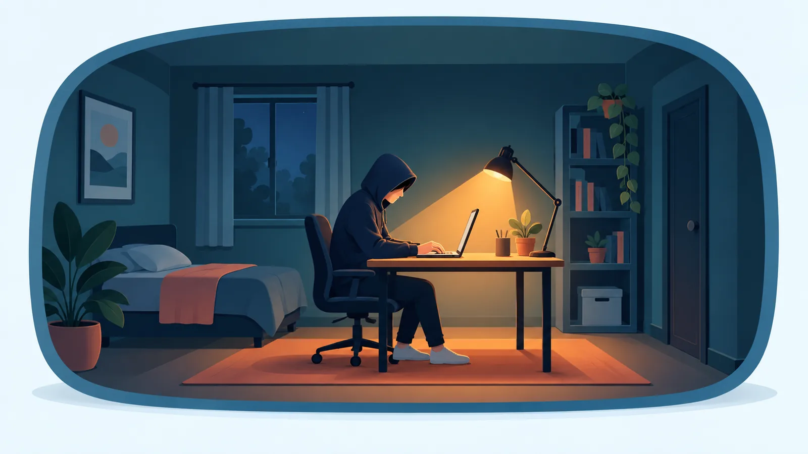 Persoon werkt privé op een laptop in een schemerige kamer
