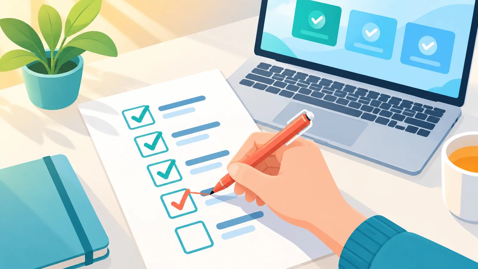 Hand vinkt items af op een checklist naast een laptop