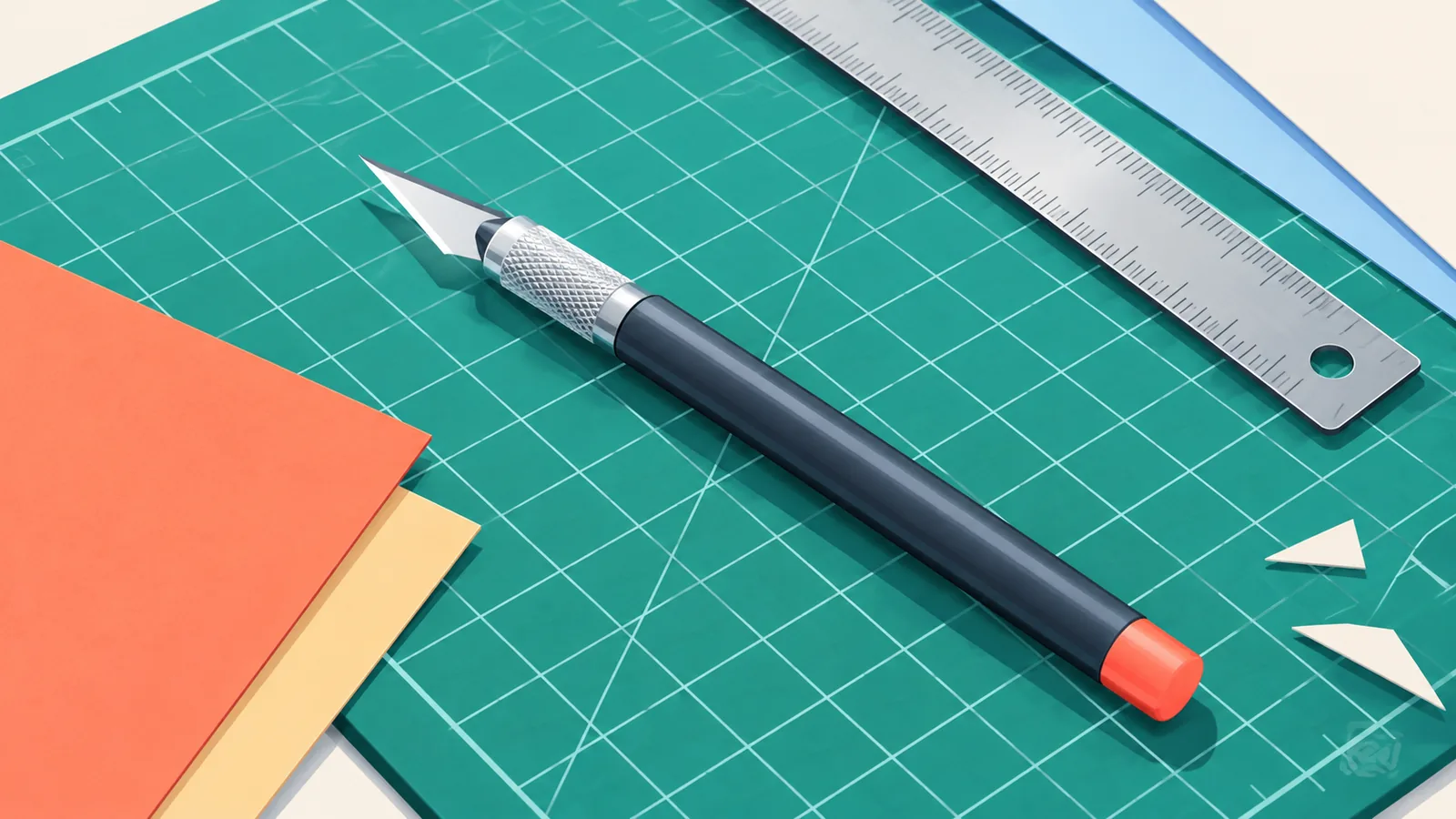 Penvormig hobbymes op een snijmat naast papier en een liniaal
