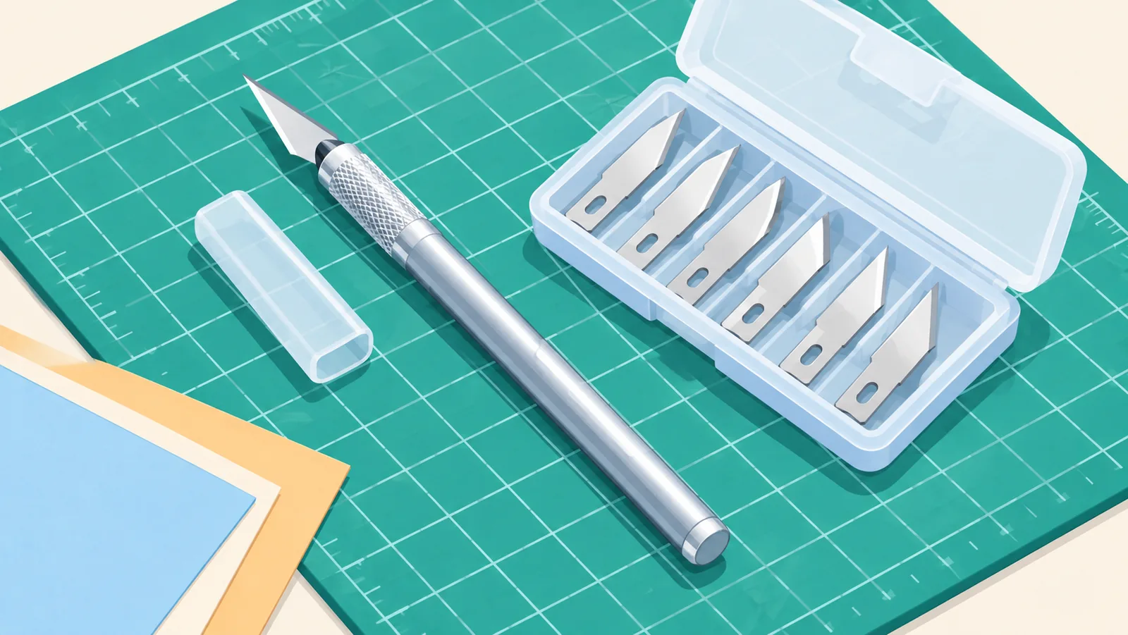 Penvormig kunstmes met een open etui voor reservebladen