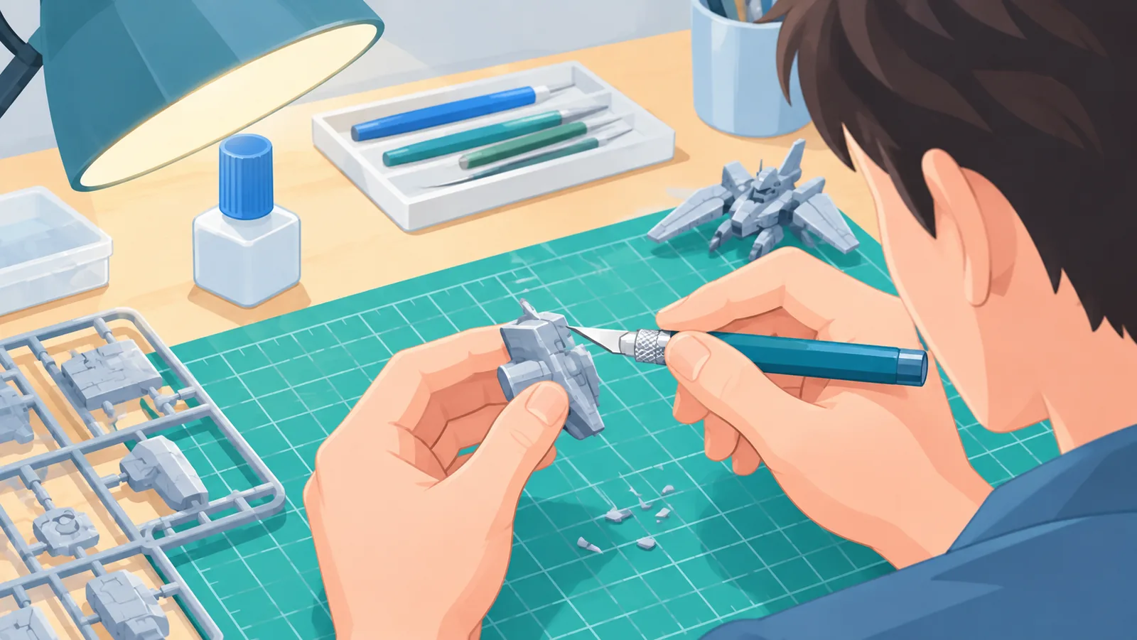 Modelbouwer werkt met een hobbymes aan een plastic onderdeel