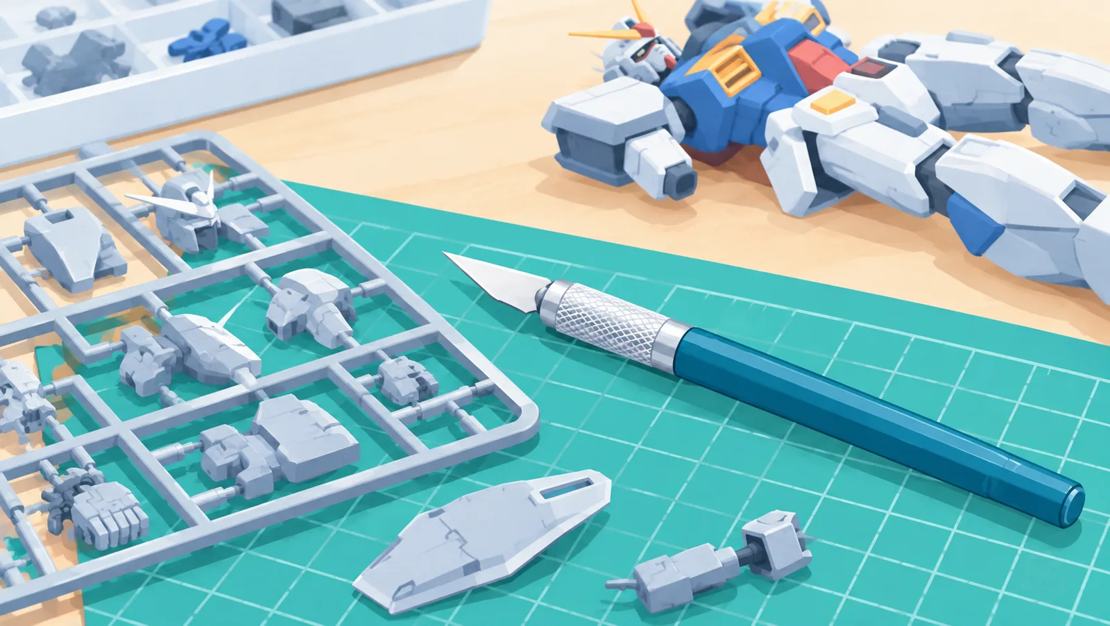 Hobbymes naast een plastic modelframe met losse onderdelen