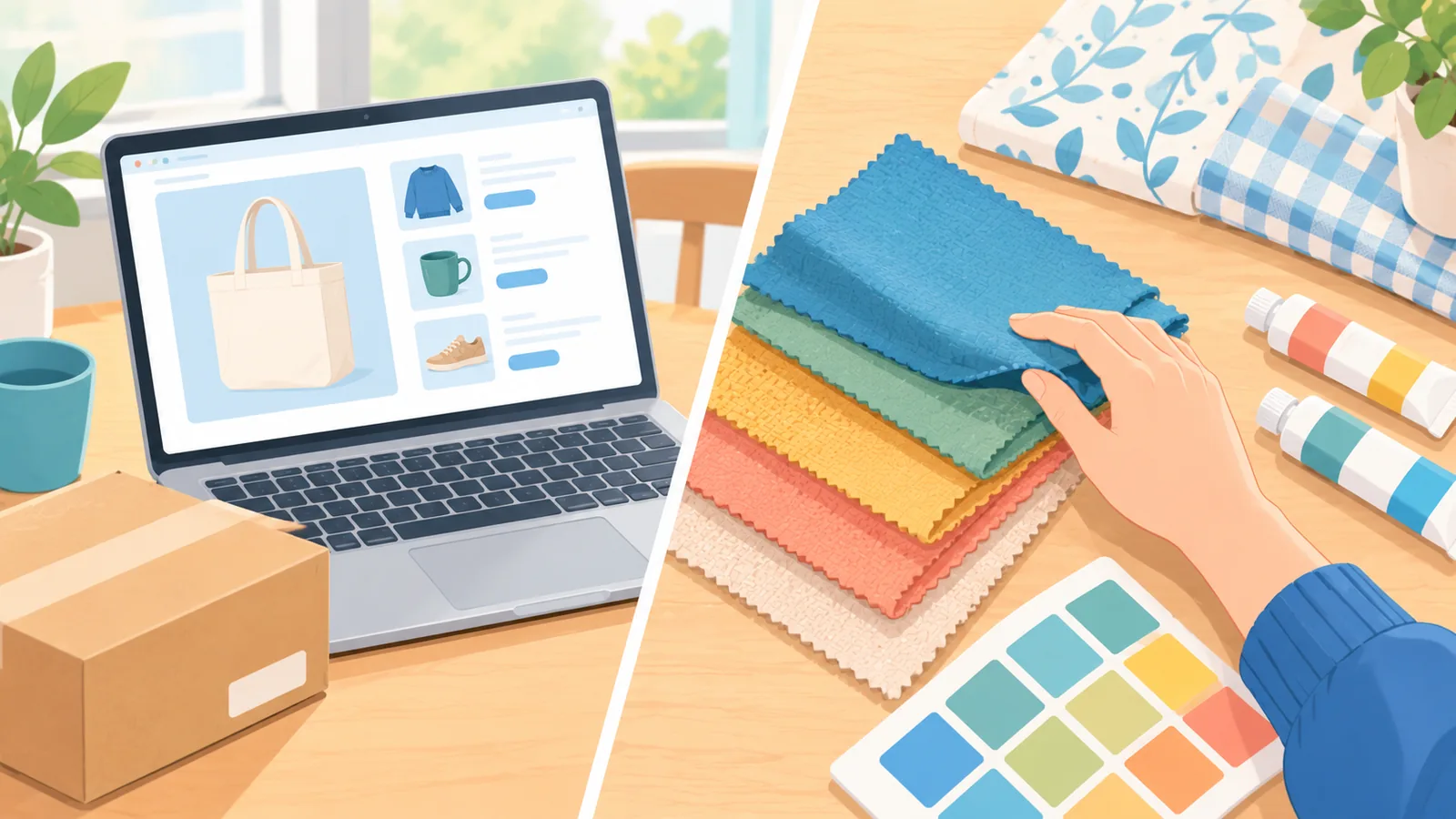 Vergelijking tussen online bestellen en materialen in de winkel voelen