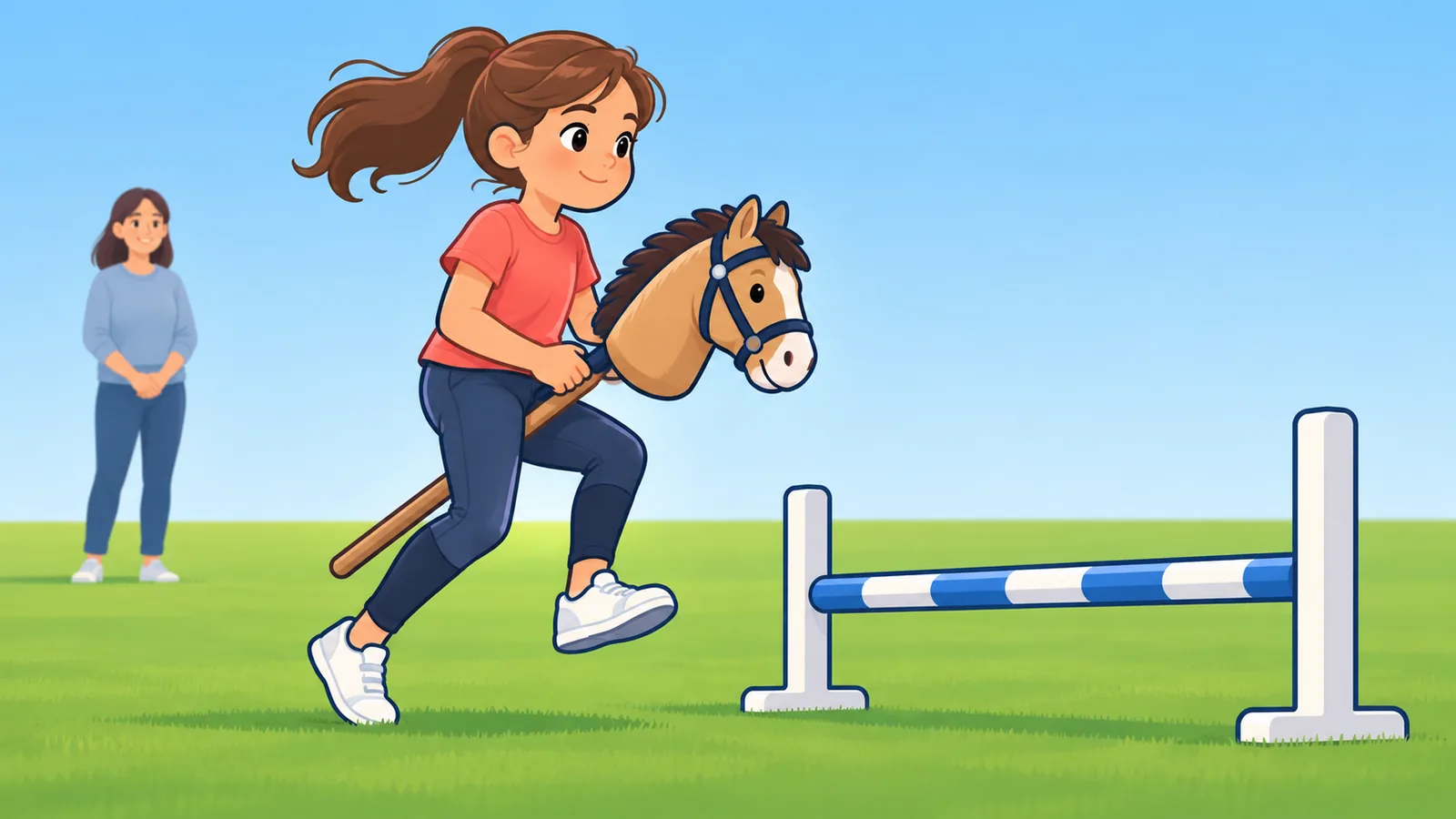 Kind galoppeert op een hobbyhorse over een grasveld naar een lage hindernis