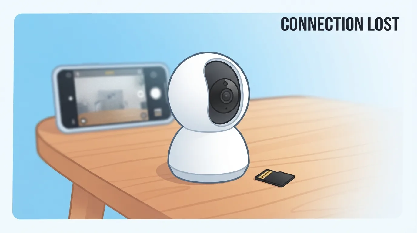 Beveiligingscamera met microSD-kaart naast een smartphone met cameraapp