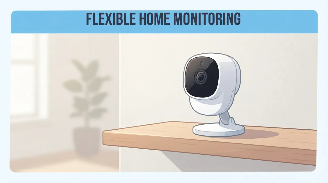 Compacte wifi-camera op een plank in een woonkamer