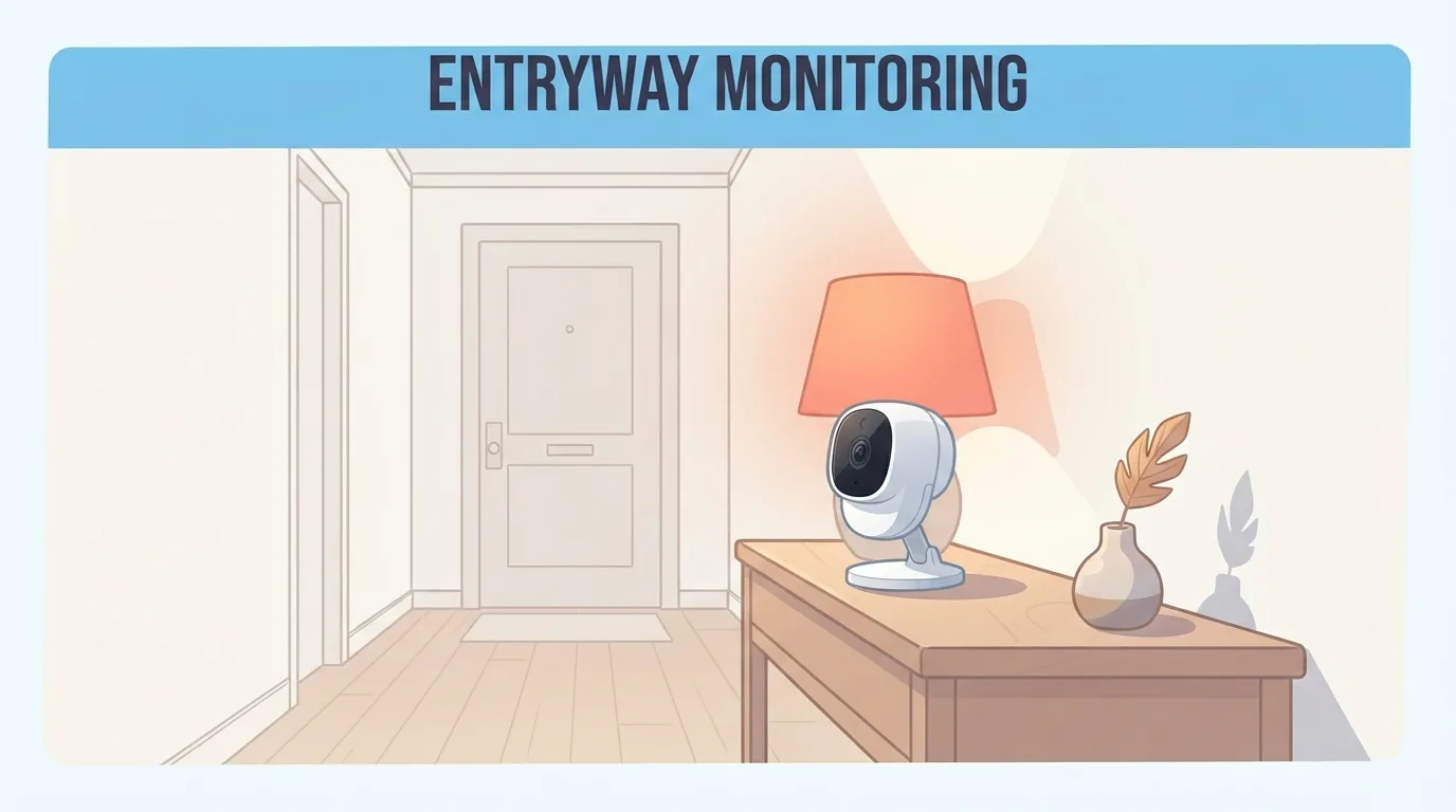 Binnencamera in een gang die de voordeur in beeld heeft