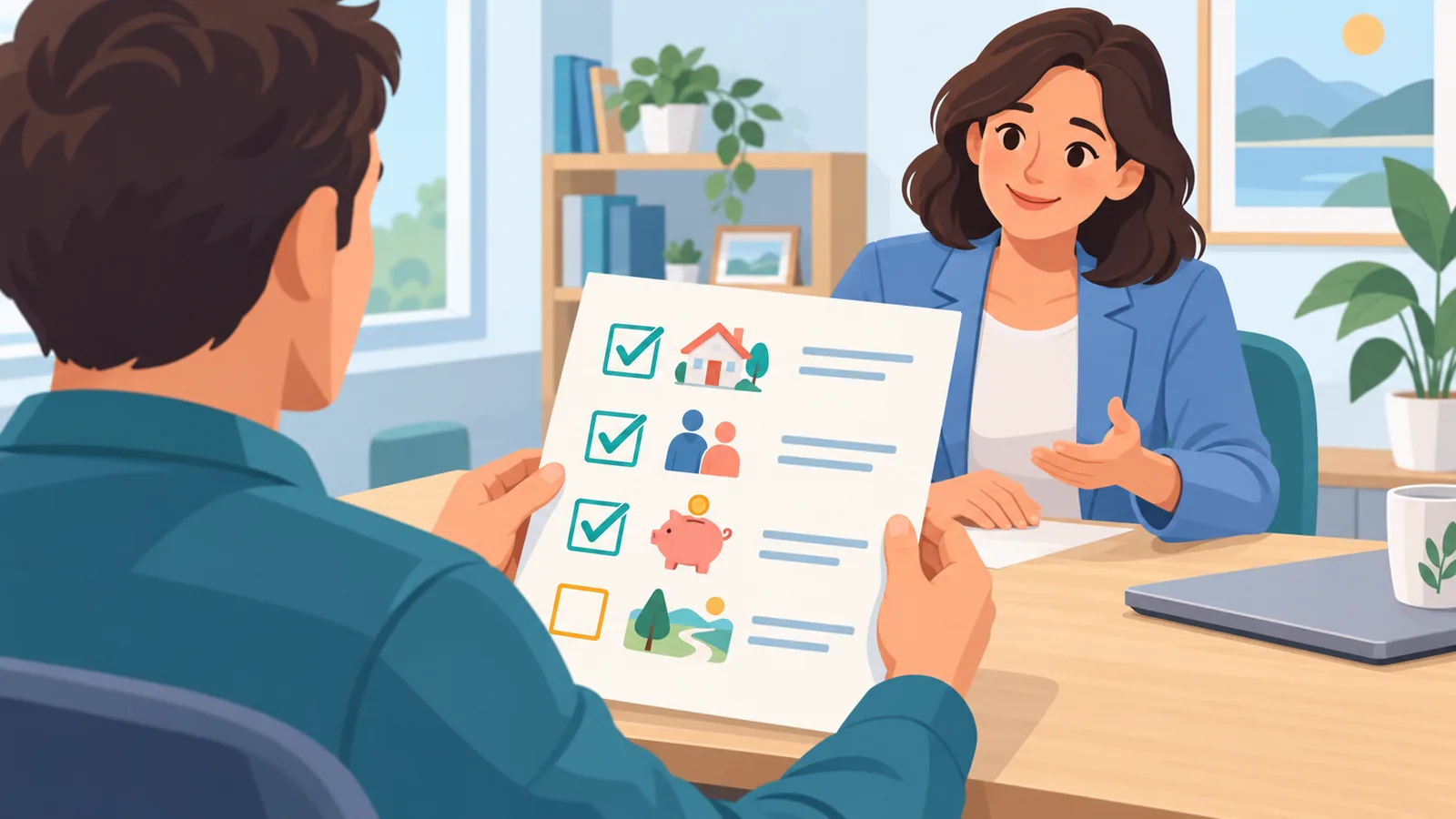Persoon met een handgeschreven checklist in een spreekkamer