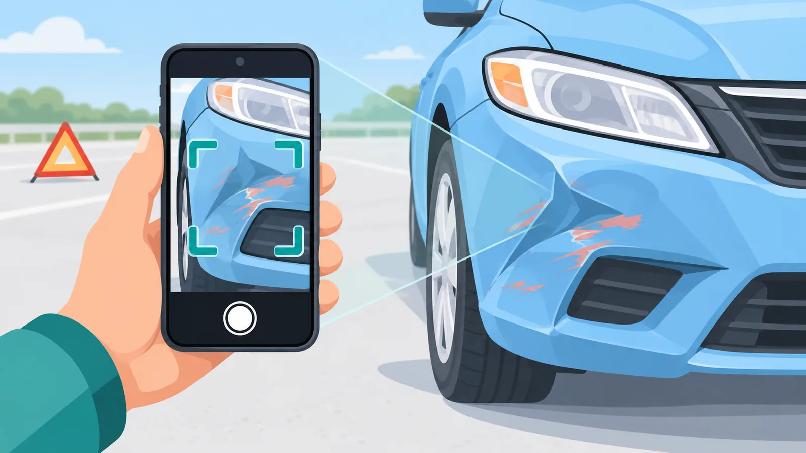 Smartphone maakt een foto van een beschadigde bumper na een ongeluk