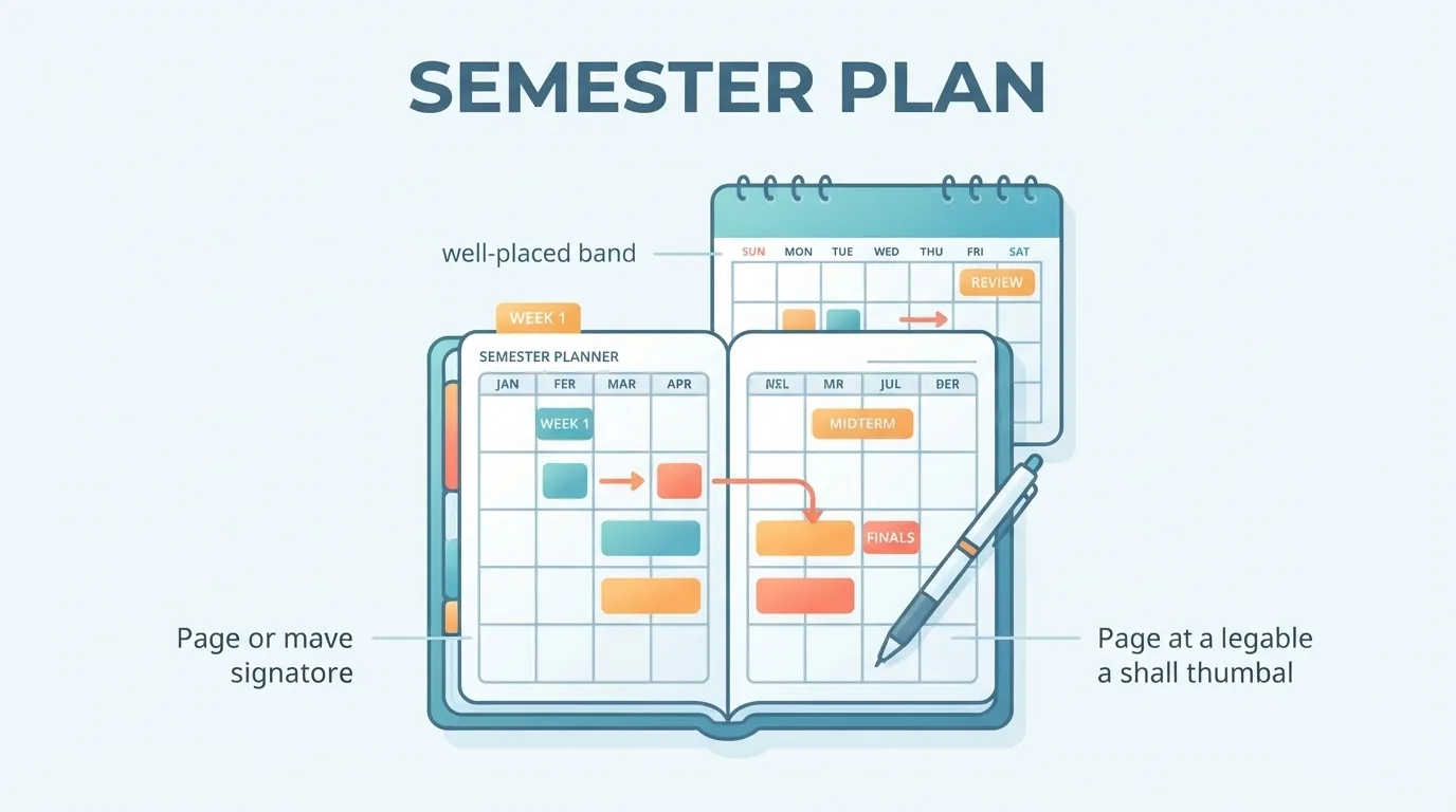 Semesterplanner met gekleurde studieblokken op een bureau