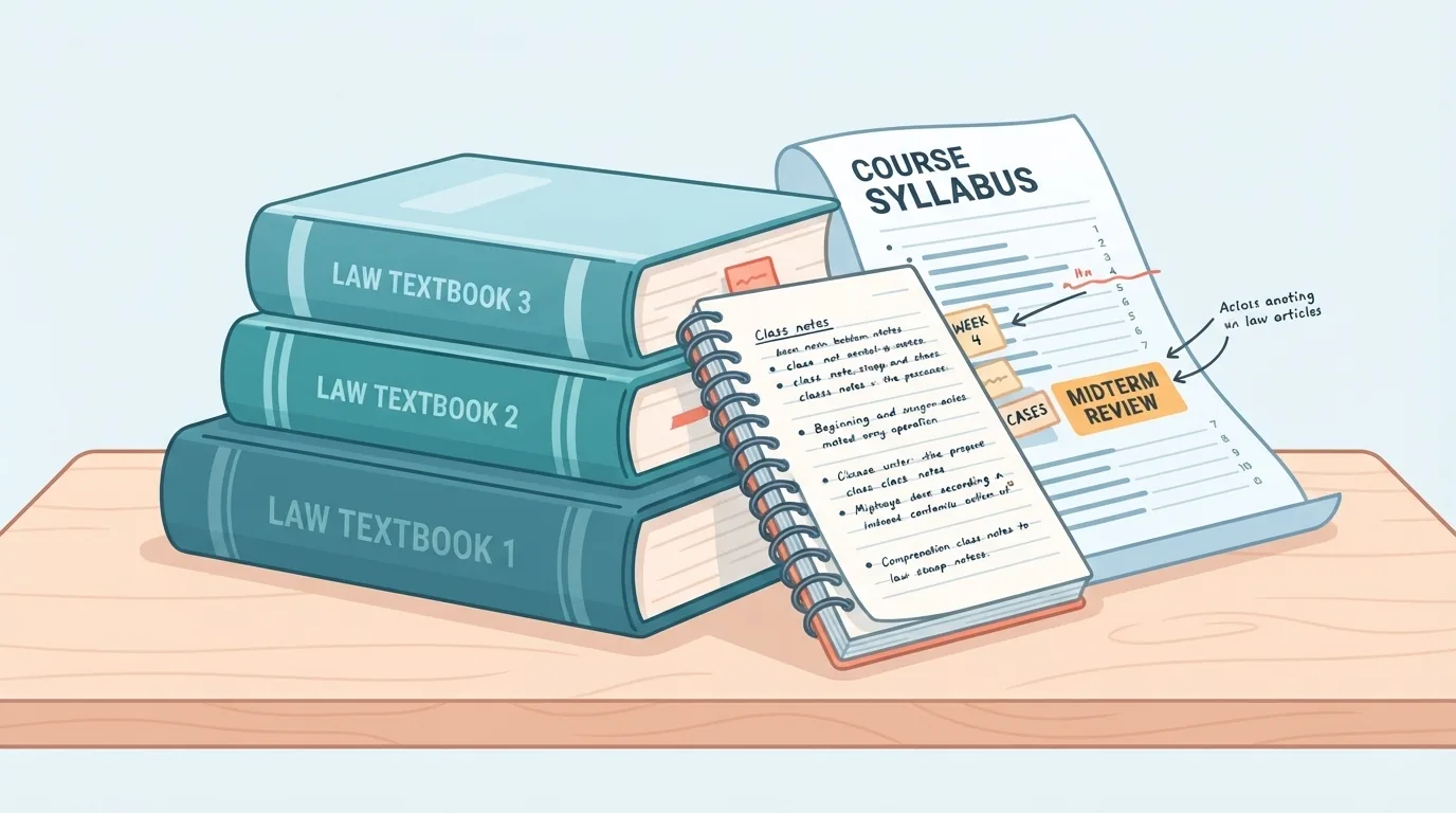 Stapel studieboeken, aantekeningen en syllabus op een tafel