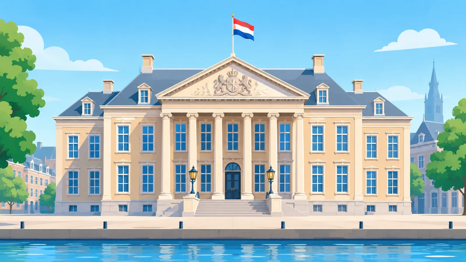 Het gebouw van de Hoge Raad in Den Haag onder een heldere hemel
