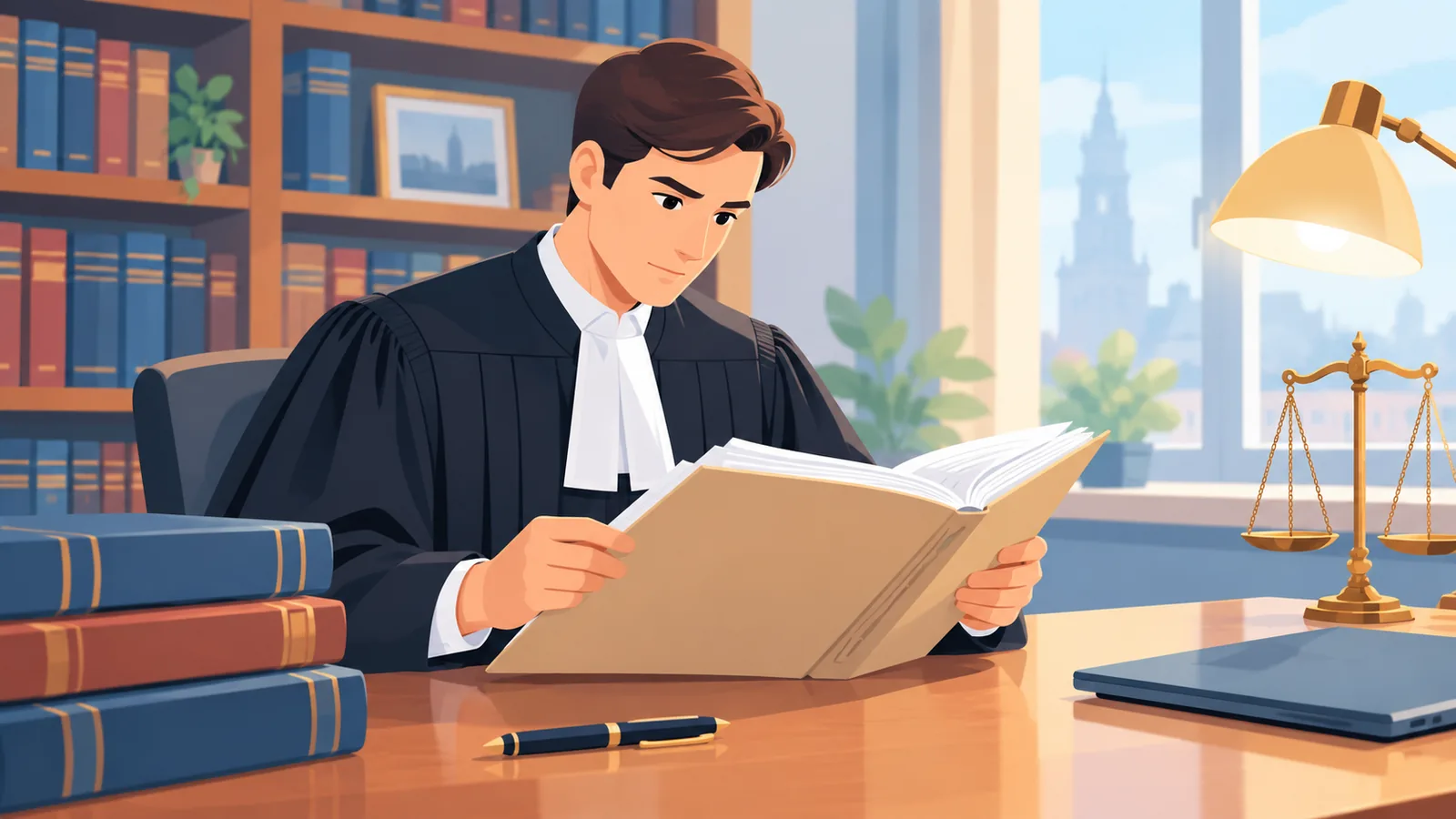 Een advocaat in toga bestudeert een dossier in een rustige werkkamer