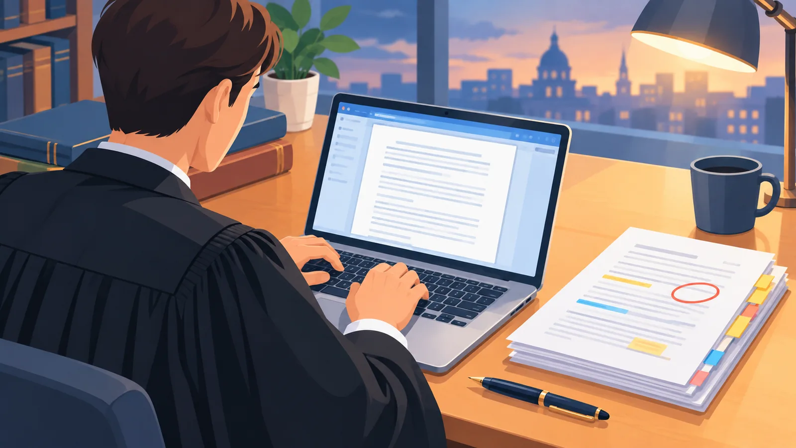 Een advocaat schrijft aan een cassatieschriftuur op een laptop