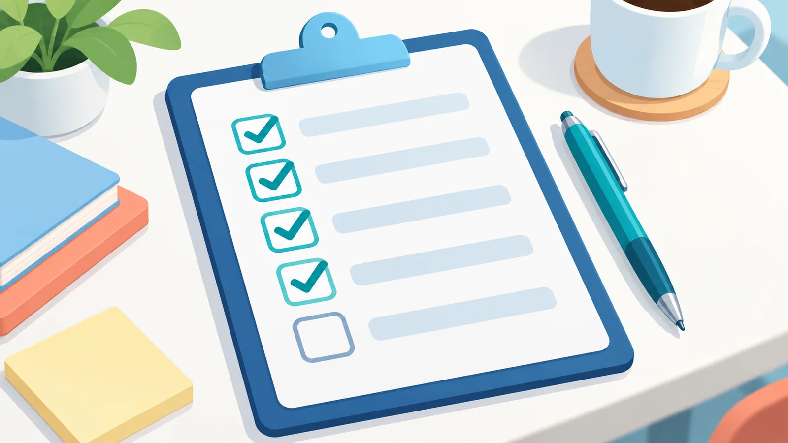 Checklist op een klembord naast een pen