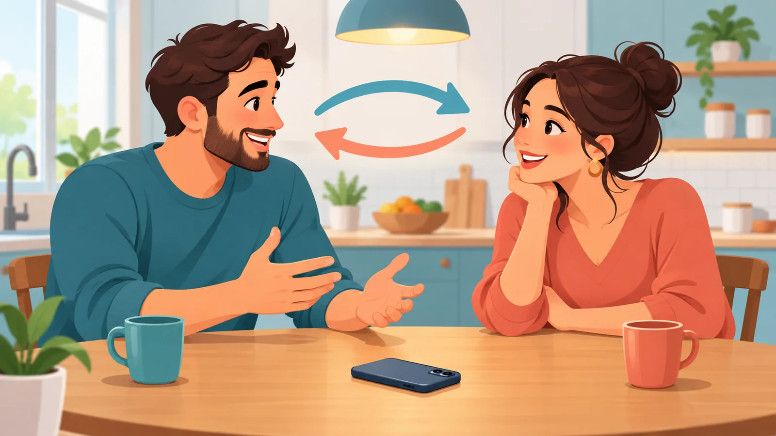 Twee mensen voeren een aandachtig gesprek zonder telefoon