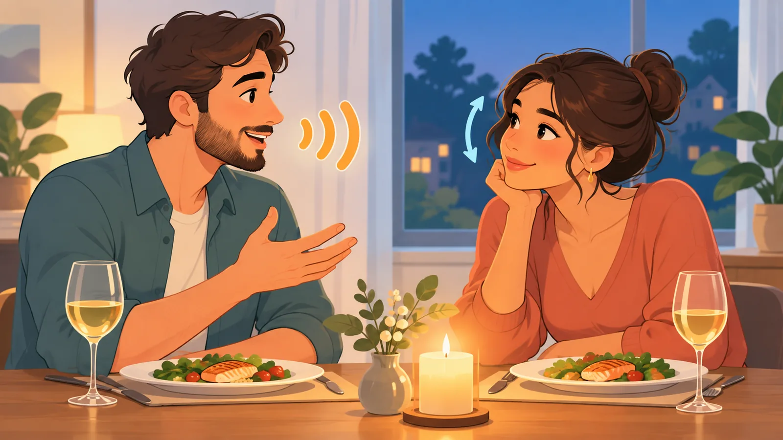 Een partner luistert aandachtig tijdens het avondeten