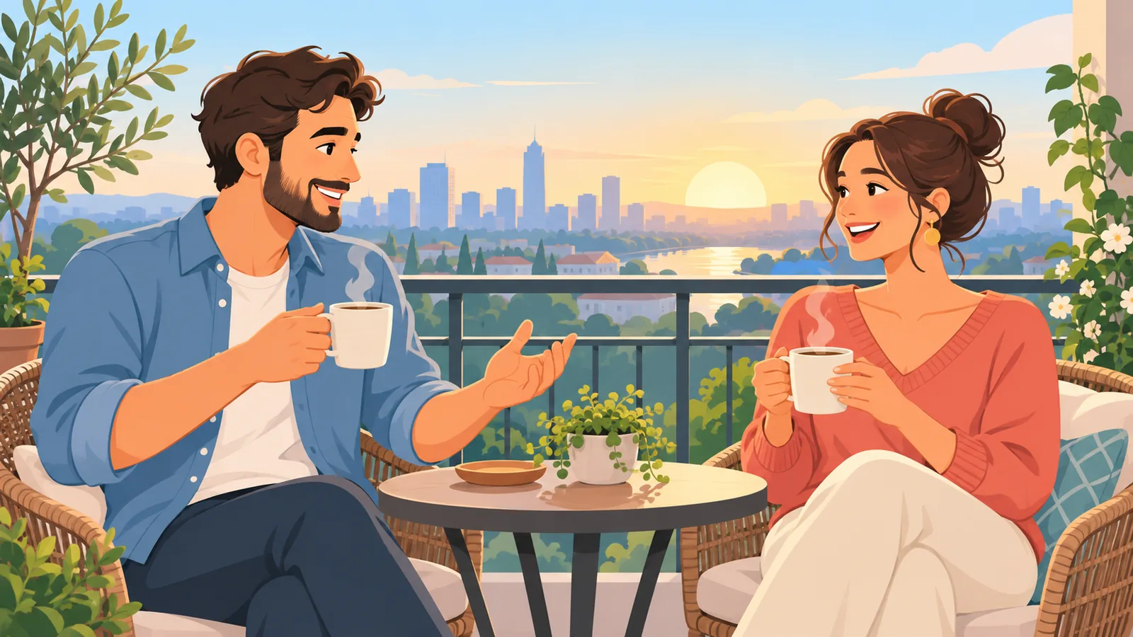 Een stel drinkt samen koffie en praat op het balkon