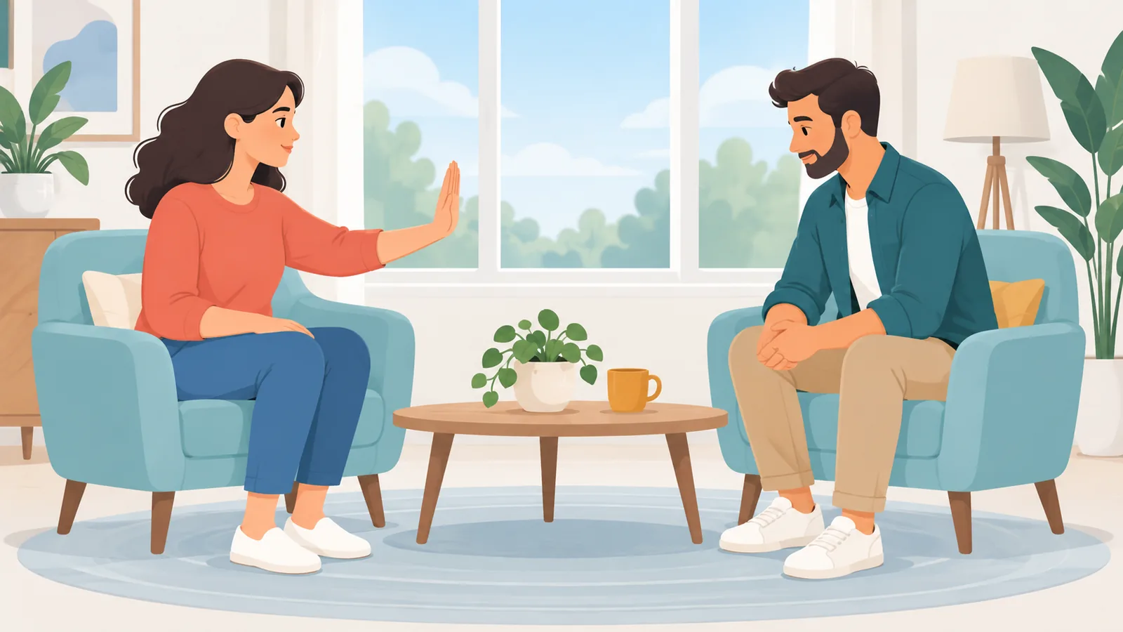 Twee mensen nemen rustig een pauze tijdens een lastig gesprek
