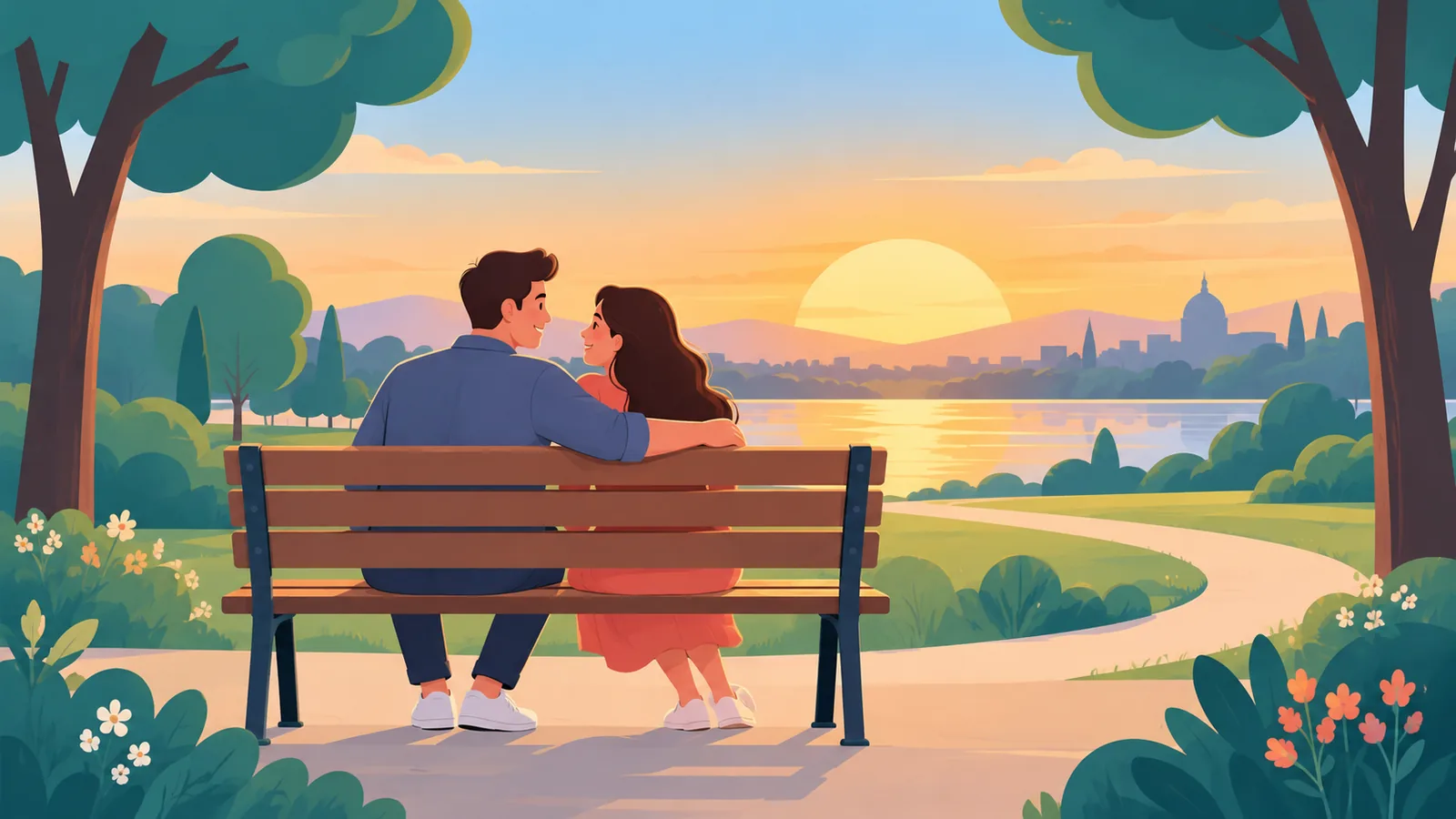 Een stel zit tevreden samen op een bankje bij zonsondergang