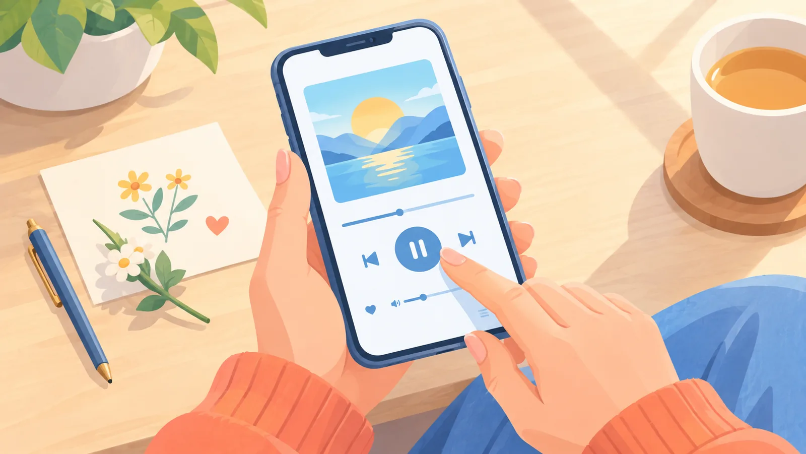 Handen met een telefoon, kaartje en bloem als liefdesverklaring